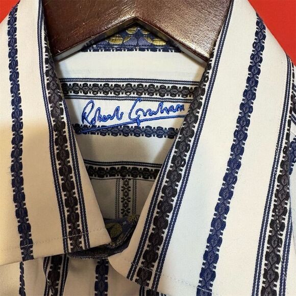 Robert Graham Men's Blue Striped Long Sleeve‎ Shirt 16.5 Size Large - Picture 2 of 7